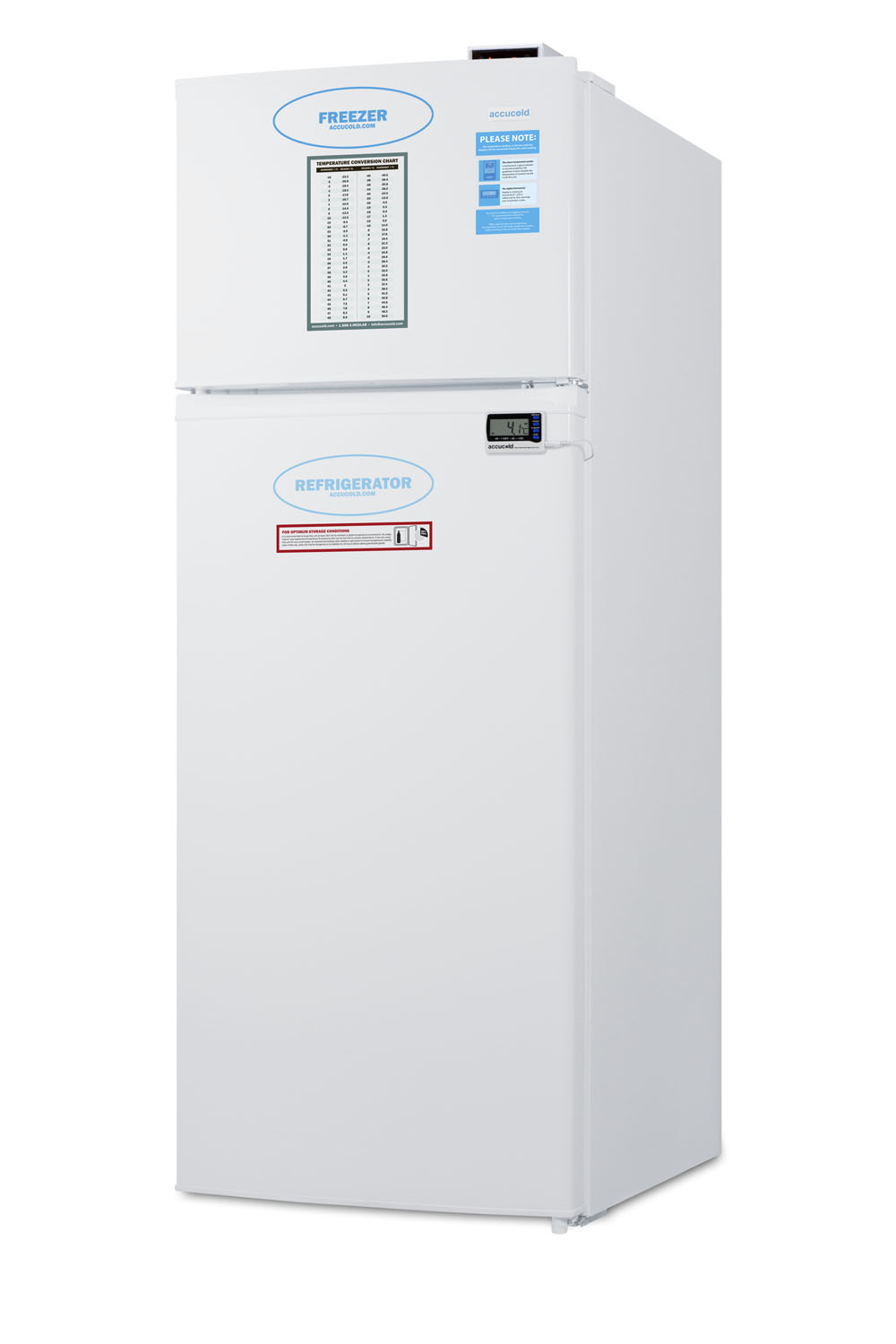 General purpose refrigerator-freezer with digital refrigerator control, internal fan, and alarm/thermometer